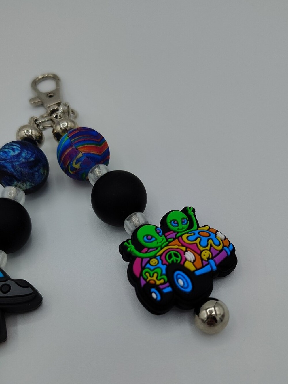 Handcrafted Alien UFO Rainbow Keychain/Bag Charm - Black & Multicolor - Picture 2 of 4